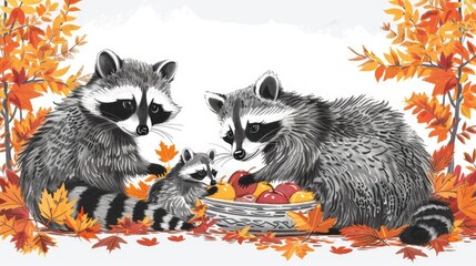Fototapeta premium Raccoons in the fall leaves