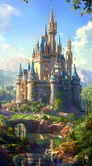Majestic Castle with Towering Spires and Reflections