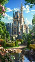 Enchanting Castle with Lush Garden and Pathway