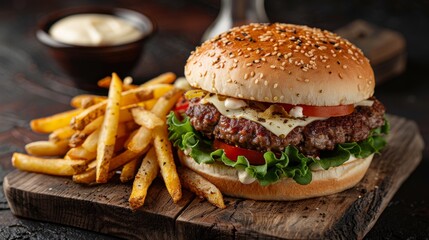 Close-up of a freshly cooked tasty hamburger with greens and fries, ideal for advertising food delivery apps, recipe website or articles about the harm of fast food