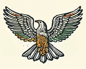 Hand-Drawn Eagle Illustration with Colorful Wings for Tattoos and Posters