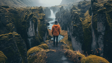A solitary figure stands on a cliff edge, looking out over a breathtaking canyon. The person is wearing an orange jacket and a gray beanie, and they are positioned with their back to the viewer, gazin