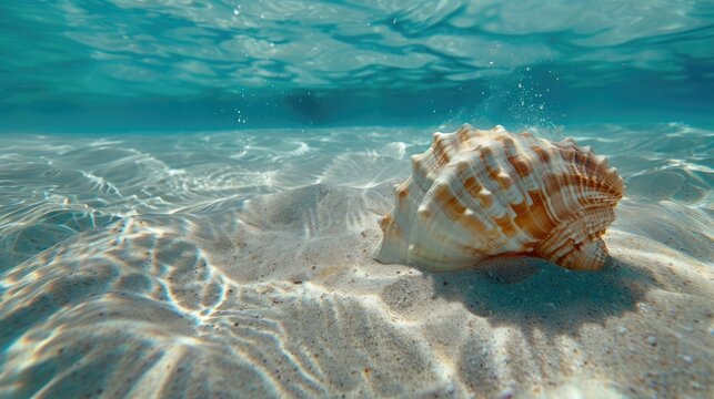 Sea mollusc shell rests on sandy shallow waters clear water Unrest diverges from sink water