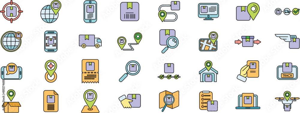 Poster parcel tracking icons set outline vector. ship logistic. delivery storage thin line color flat on wh