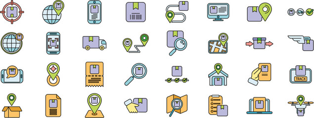 Parcel tracking icons set outline vector. Ship logistic. Delivery storage thin line color flat on white