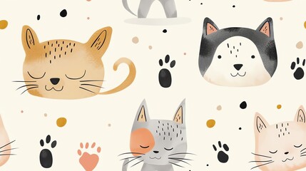Seamless pattern with cute cartoon cats and paw prints, perfect for fabric, wallpaper, and children's products.