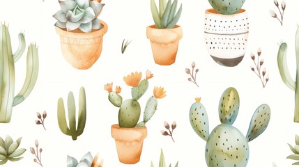 Seamless watercolor pattern of various potted cacti and succulents. Perfect for home decor, fabric prints, and botanical designs.