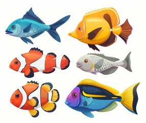 Colorful Tropical Fish Illustrations - Cartoon Style Aquatic Animals for Kids' Education and Ocean-Themed Designs.