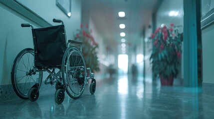 A wheelchair sits next to a plant in a hospital hallway, perfect for healthcare or medical-related images