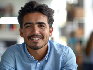 A person wearing a blue shirt with a distinctive mustache, suitable for use in historical or vintage-themed images