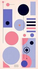 An abstract geometric design composed of circles, lines, and squares in shades of blue, pink, and black on a white background