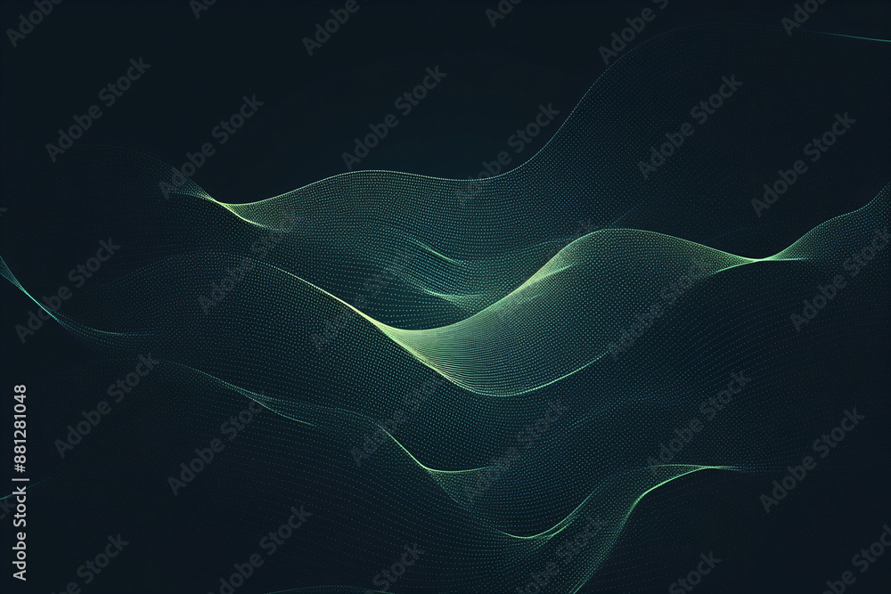 Poster abstract 3d green flow wave on dark background. digital data structure. future mesh or soundgrid. fu
