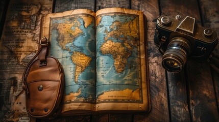 An open vintage world map laid out on a rustic wooden table, accompanied by an old-style blue backpack and brass compass, symbolizing travel, adventure, and the spirit of exploration.