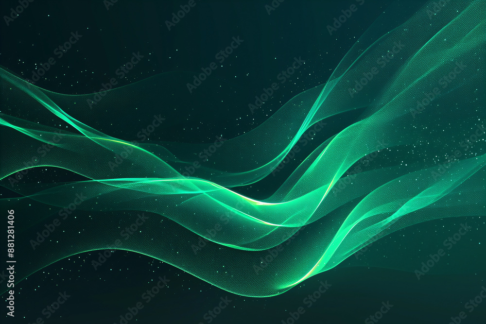 Poster abstract 3d green flow wave on dark background. digital data structure. future mesh or soundgrid. fu