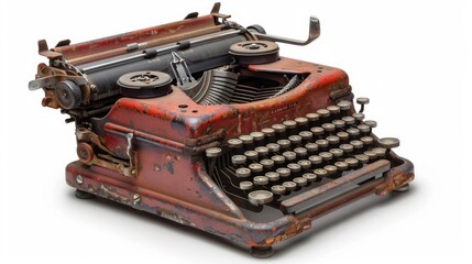 An old typewriter with a red cover sits on a white background. The typewriter is old and rusty, and it is a vintage model. The keys are worn