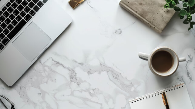 clean and minimalist work desk setup with coffee for productivity
