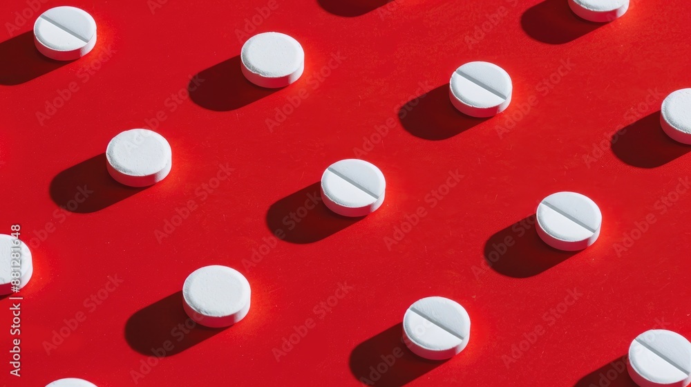 Poster pills with circular shape on red surface pills texture