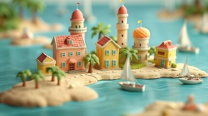 A charming miniature model depicting an idyllic village with colorful houses, a church, trees, and surrounding waterways.