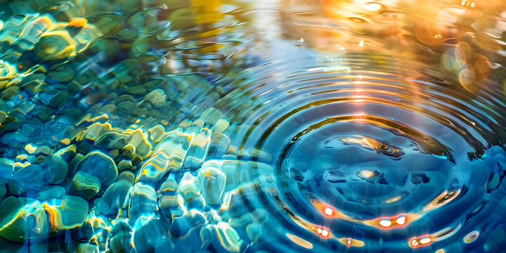 Glistening golden yellow and turquoise water pebbles ripple background - large ripple circle of water shimmering with blue green and orange  ideal for a spiritual nature theme background
