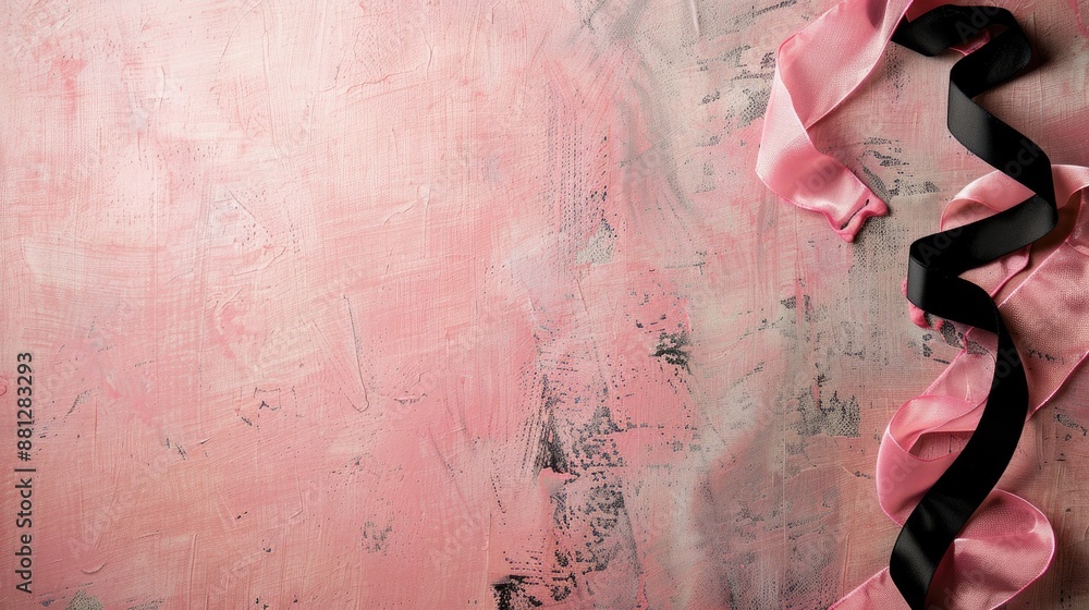Poster pink background with old grunge texture light peach ribbon and black border on frame with empty spac