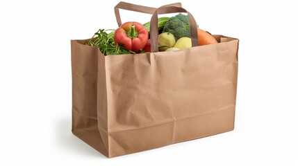 Kraft paper bag with different fruits and vegetables on white background 