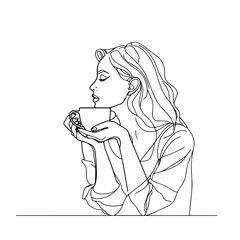Woman with cup of coffee, drinking tea, one line style