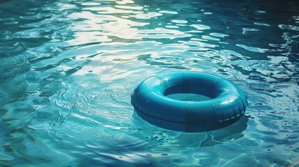 A blue inflatable ring is floating in a pool. The water is calm and clear