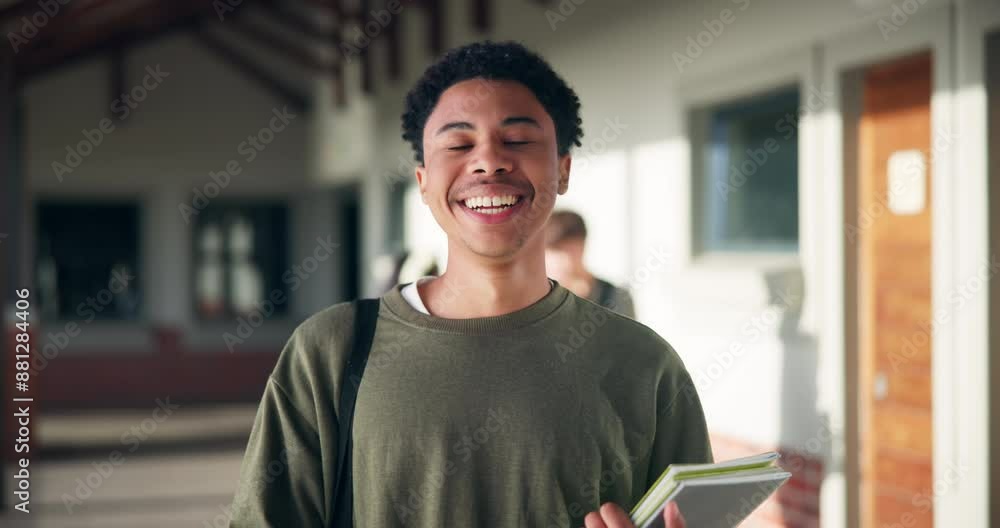 Poster smile, boy and face of student on high school with books for learning, growth and development for st
