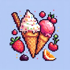 Fototapeta premium pixel art food ice cream dessert concept fruits cone cherry fastfood illustration asset retro style