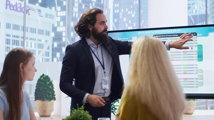 Financial advisor presents detailed stock market analysis to clients on big screen, helping them make informed investment decisions. Broker in office providing family with financial analysis, camera B - Powered by Adobe
