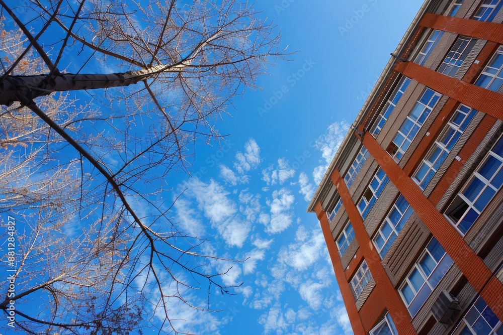 Poster A building with a large window and a tree in the background. The sky is blue and there are clouds in the sky