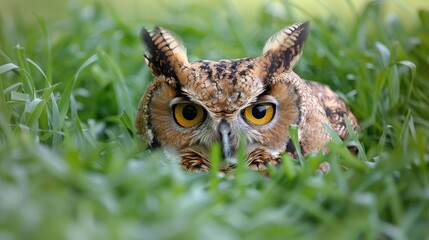 Obraz premium Comical bird owl peering into the grass in a vertical photo