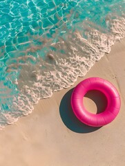 Obraz premium Top View of a hot pink inflatable Swimming Ring on the Beach