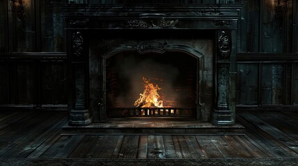 A fireplace with a fire burning in it. The room is dark and the fire is the only source of light