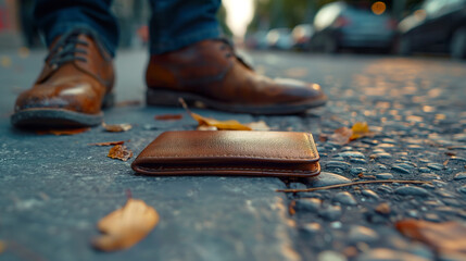 Close-up of a man's empty wallet lying in the street. Leather wallet at a man's feet with blurred background and copy space.
