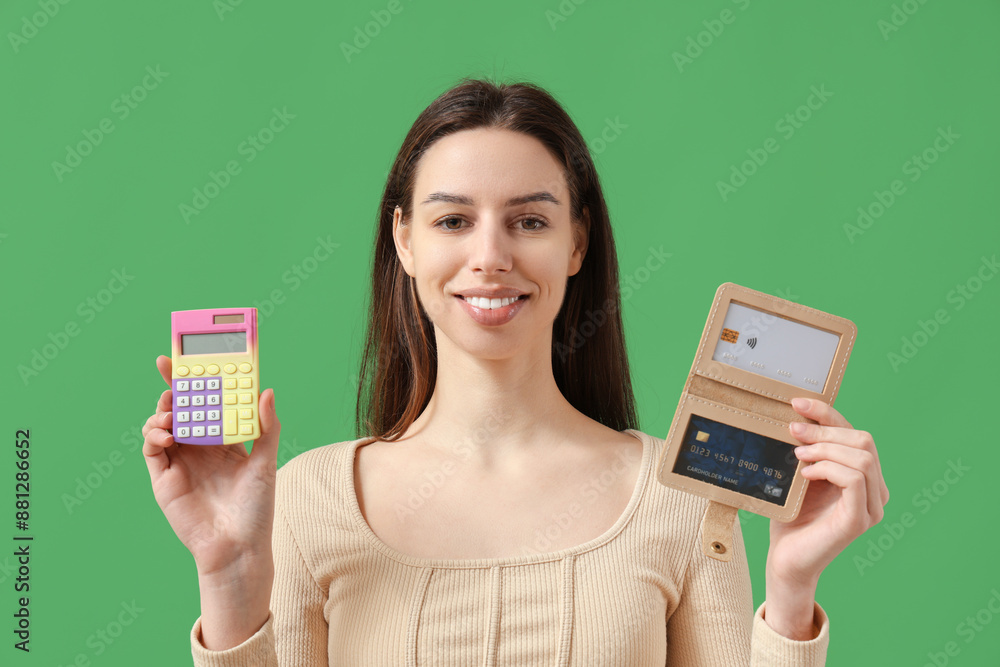 Poster beautiful young woman with credit card holder and calculator on green background