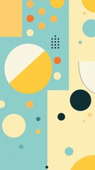 A colorful, abstract pattern of circles, squares, and dots in shades of blue, yellow, and orange