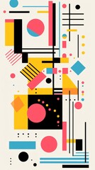 Abstract geometric shapes in pink, yellow, blue, and black on a white background