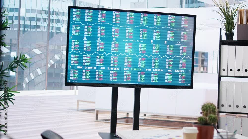 Aufkleber stock exchange indices on screen in empty financial department office used for forecasting and analy
