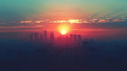 Sunrise Over Cityscape with Silhouetted Buildings
