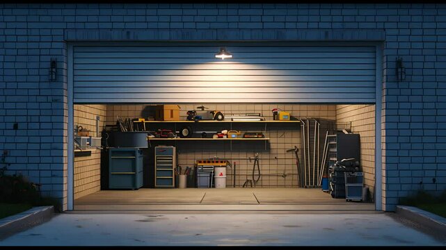 A garage door is open at night, revealing the inside of the garage which is filled with various tools and equipment.