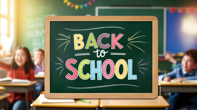 Chalkboard with "Back to School" in vibrant chalk letters in classroom.