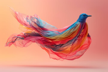 artistic composition of a colorful bird with flowing fabric for surreal art