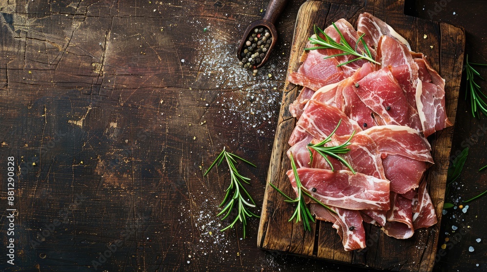 Poster fresh pork slices on rustic table with copy space