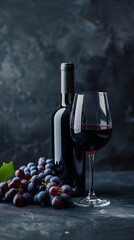 Obraz premium A bottle of red wine, a glass of red wine, and grapes on a table
