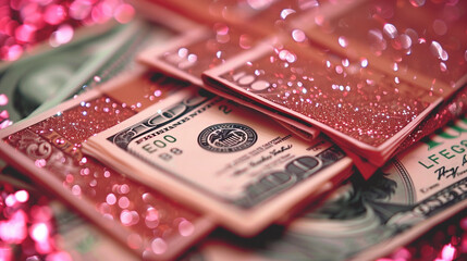 pink glitter money, realistic sparkles, in a pile, 100 dollar bills on the top, hue of pink in the background