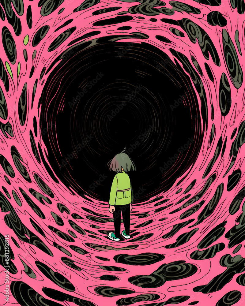 Wall mural illustration of a kid in a mystical pink circle