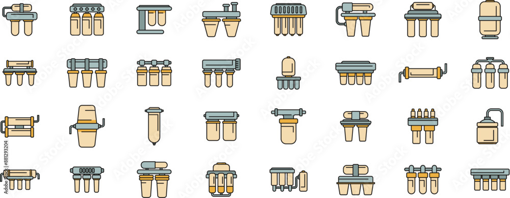 Poster reverse osmosis system icons set outline vector. aqua filter. water reverse thin line color flat on 