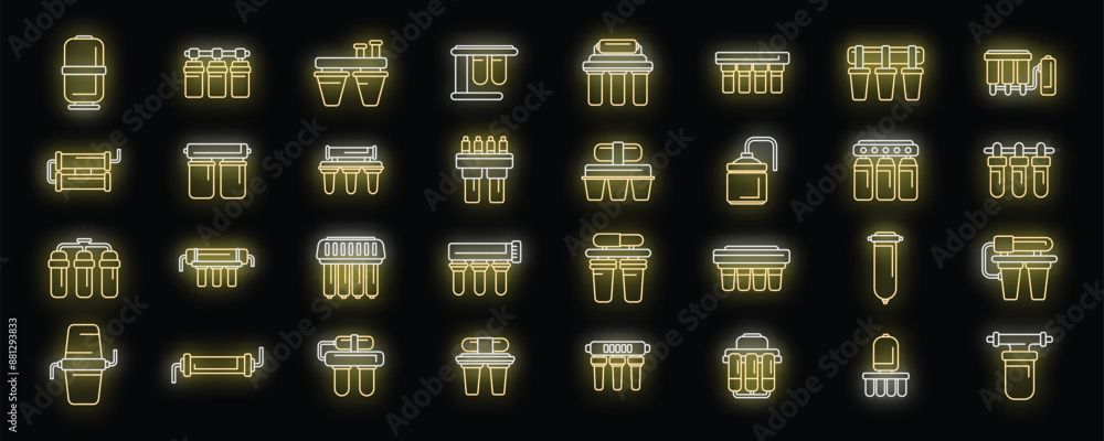 Aufkleber reverse osmosis system icons set outline vector. aqua filter. water reverse neon color on black