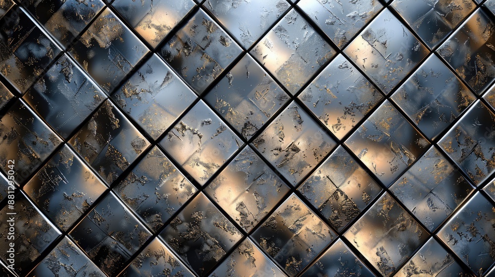Poster a wall made of metal tiles with a shiny, reflective surface. the tiles are arranged in a pattern tha